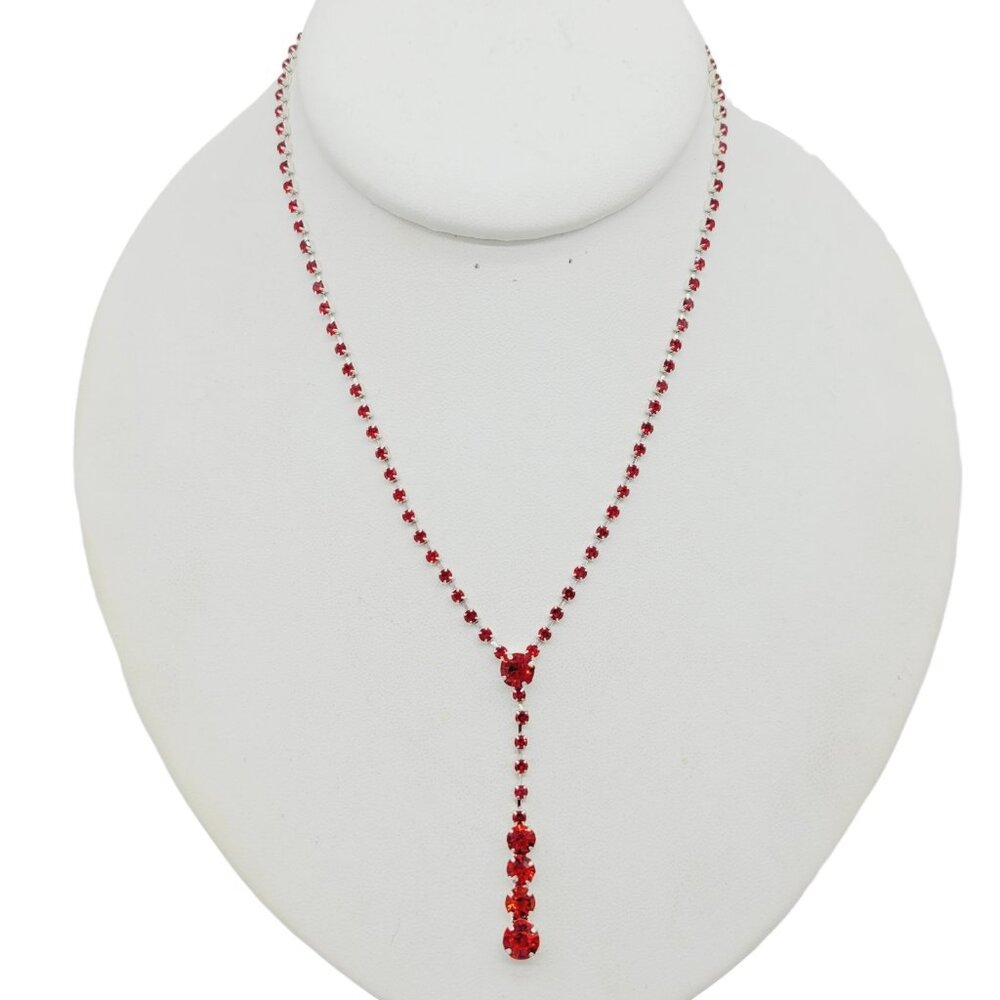 Silver Tone Red Rhinestone Dangle Necklace 12" + 6" extender